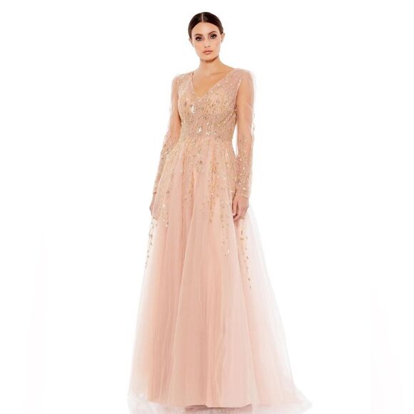 Mac Duggal EMBELLISHED V NECK LONG SLEEVE A LINE GOWN size 14 in pink 20295 - Picture 1 of 13